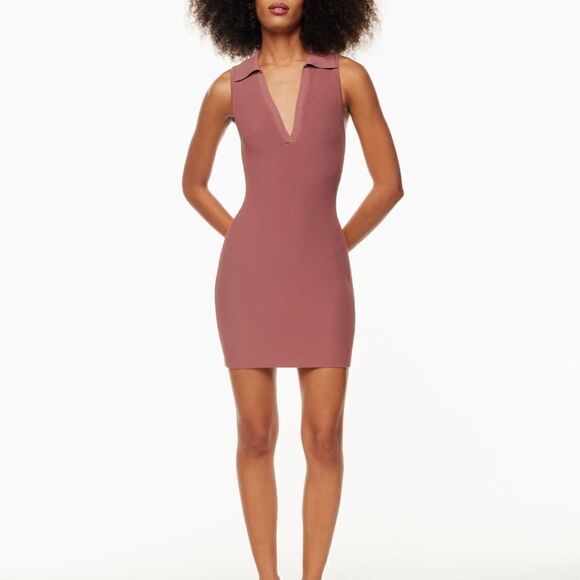 New Aritzia Babaton Sculpt knit Mocha Brown Sleeveless Polo Dress Sz XS - Picture 2 of 11
